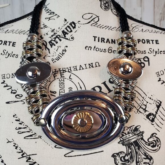 Chunky Metal Disc Link Necklace Silver Black - Picture 1 of 10